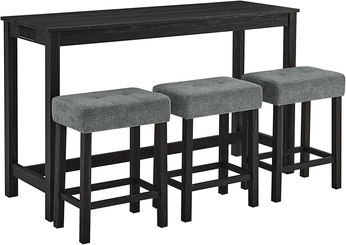 Ball & Cast 4 Piece Kitchen Dining Room Table and Chairs Set, Farmhouse Wooden Counter Height Bar-Sets w/USB Ports & Power Outlet & 3pcs Stools, 59" Sofa-Table Barstool w/Charging Station, Black