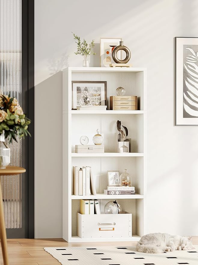 Casaottima 4-Tier Open Bookshelf and Bookcase, Floor Standing Display Storage Shelves for Living Room, Tall Book Shelf for Bedroom, Home Office, Dining Room, White