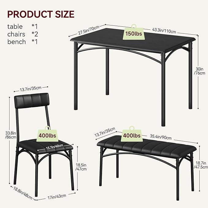 Dining Table Set for 4, Small Dining Table Set with Upholstered Bench and 2 Chairs, Kitchen Table and Chairs for 4, for Small Space, Apartment, Dinner, Rustic Black