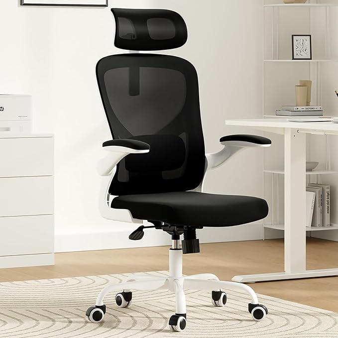 Ergonomic Office Chair, Comfy Home Office Chair High Back Computer Chair with Headrest, Adjustable Back Support, Flip-Up Arms, 90-120° Tilt and Wide Cushion, Up to 300lbs, Black+White