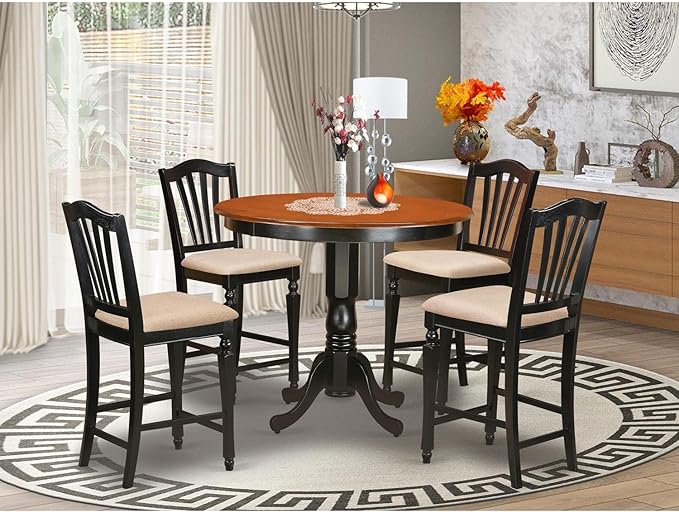 East West Furniture TRCH5-BLK-C 5 Piece Kitchen Counter Height Dining Table Set Includes a Round Pub Table and 4 Linen Fabric Upholstered Chairs, 42x42 Inch, Black & Cherry