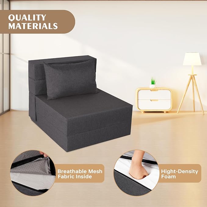 Folding Sofa Bed, Foldable Sleeper Chair with Pillow, Convertible Futon Sofa Bed with Washable Cover, Fold Out Couch for Living Room, Dorm, Guest Room, Single Size, Dark Grey