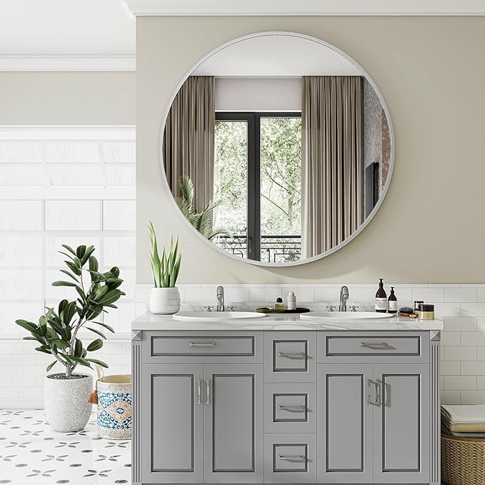 Silver Round Bathroom Mirror, 48 inch Large Circle Wall Mounted Hanging Mirror with Simple Modern Circular Metal Frame for Hallway, Entryway, Living Room, Silver Frame