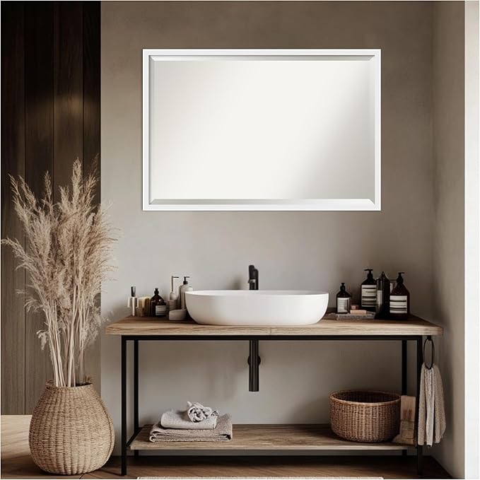 Amanti Art White Bathroom Mirror for Over Sink, 26x38 Incline White Rectangle Vanity Mirror, Large Modern Contemporary Wood Frame, Hangs Horizonally and Vertically, Bathroom Wall Decor, Beveled Edge