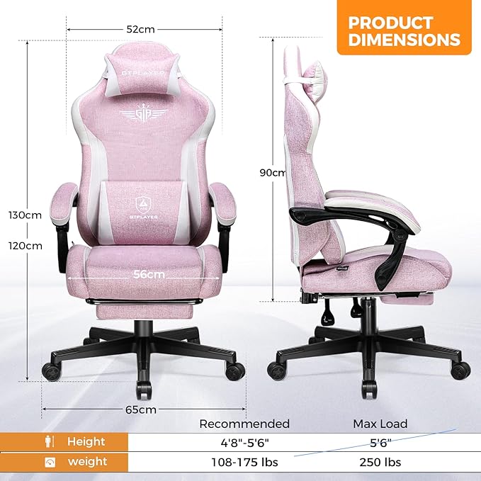 GTPLAYER Gaming Chair with Footrest, Big and Tall Game Chair High Back Computer Office Chair with Lumbar Support for Adults, Ergonomic Swivel Games Chair with Cushion Gaming Black Linen Fabric Pink