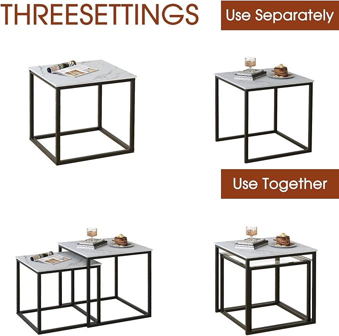 Garden 4 you Coffee Table Set of 2, Modern Faux Marble Nesting Table, Metal Frame Square Center Table Set, Side Tables, Nesting Coffee Table for Living Room, Bedroom and Small Spaces, 19.7in Black