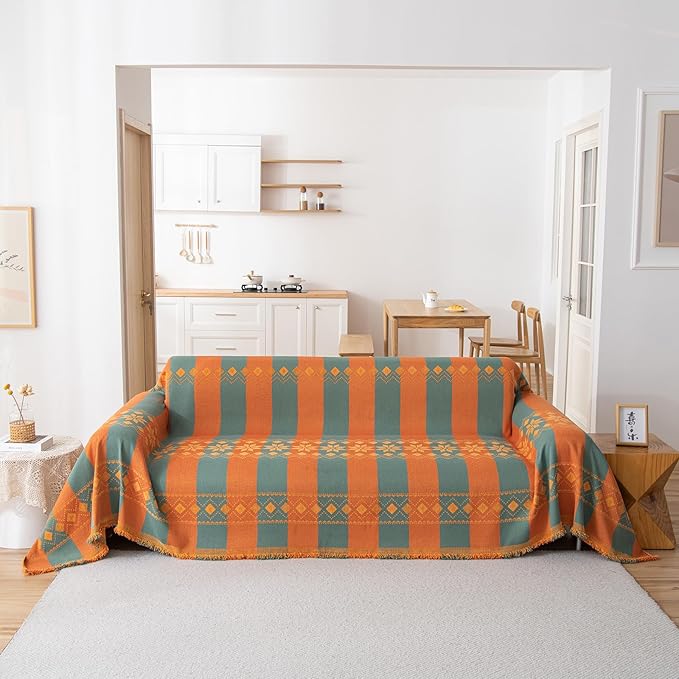STACYPIK Soft Orange Sofa Cover, Boho Chenille Couch Cover for 2 Cushion Couch, Anti-Slip Jacquard Furniture Protector, Loveseat Cover for Sectional, Multi-use Sofa Slipcover Pet-Friendly-71X118IN