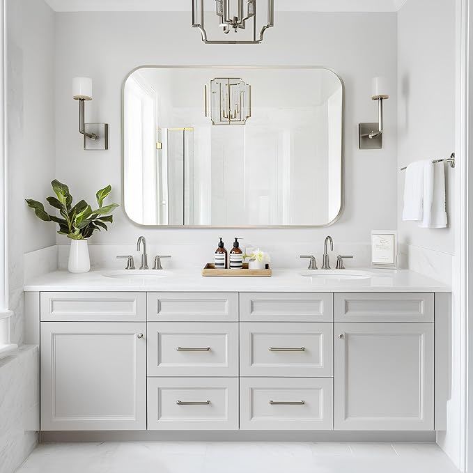 MZON 24x36Inch Brushed Nickel Bathroom Mirror, Rectangle Wall Mounted Mirror for Bathroom or Living Room, Anti-Rust Frame & Tempered Glass, Horizontal/Vertical Mount - Timeless&Elegance Wall Decor