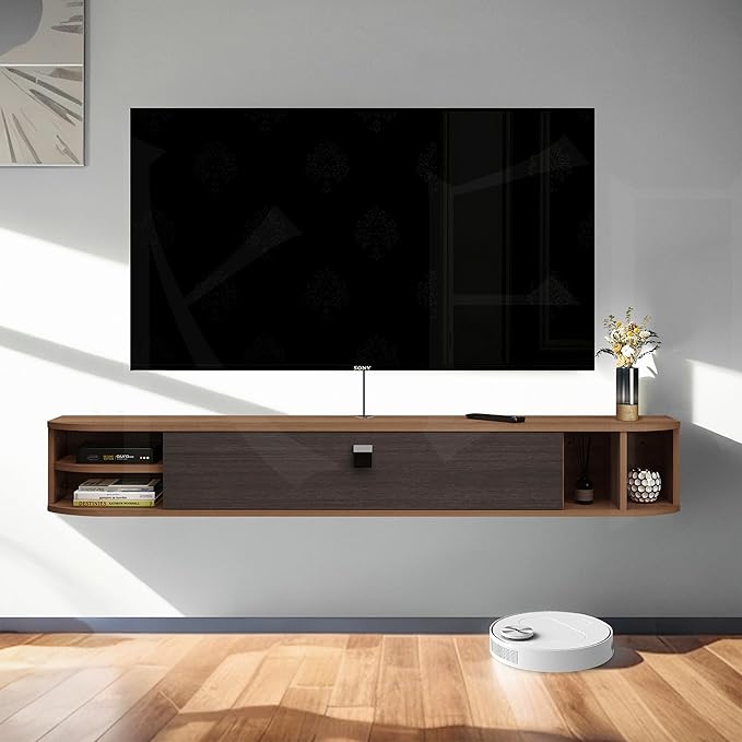 Pmnianhua Modern TV Console, 47'' Wall Mounted Under TV Shelf with Storage Shelves for Bedroom Living Room (Walnut)