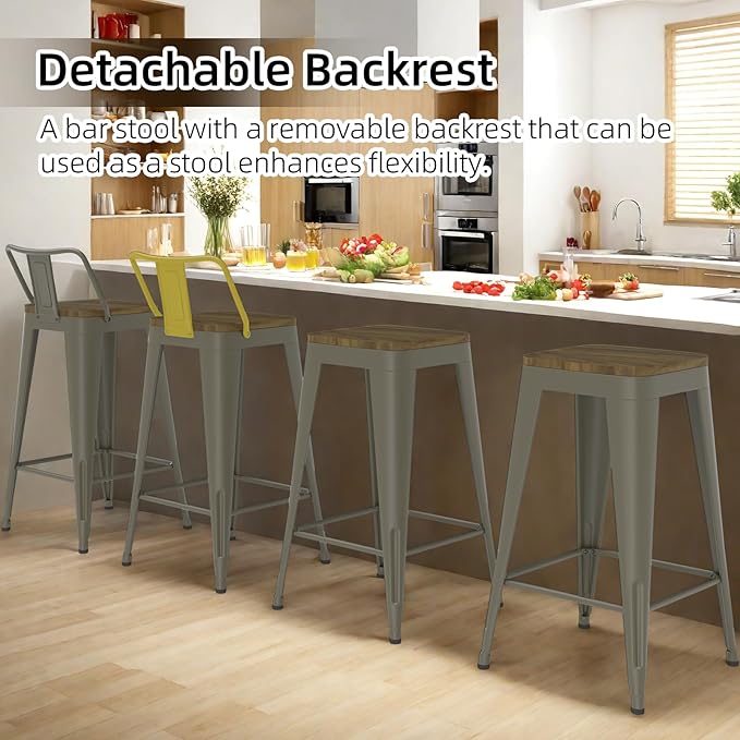 Rusty Bar Stools Set of 4, Metal Bar Stools with Wooden Seat, Modern 26”Counter Height Barstools with Low Back