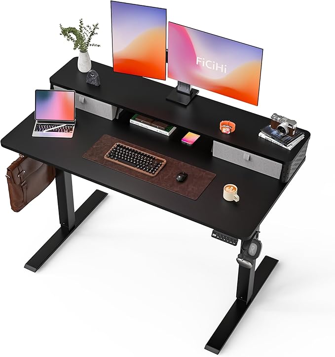 55x24 Inch Standing Desk with Double Drawers, C-Clamp Mount Compatible, Electric Adjustable Height Computer Stand Up Desks, Home Office Sit Stand Table with 3 Preset Heights & 2 Hooks, Black