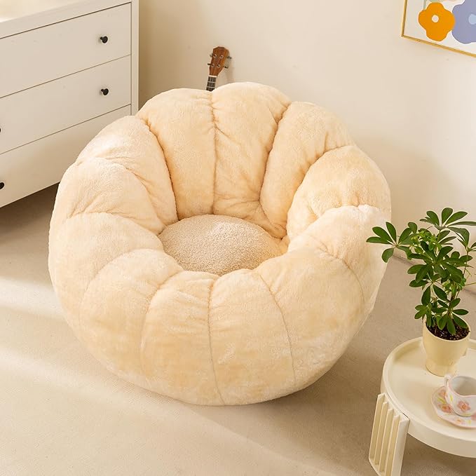 Pumpkin Bean Bag Sofa Chair for Adult, Beanbag Couch with Filler for Reading and Relaxation, Comfy and Lazy Sofa for Dorm, Apartment, Living Room and Bedroom, Ivory