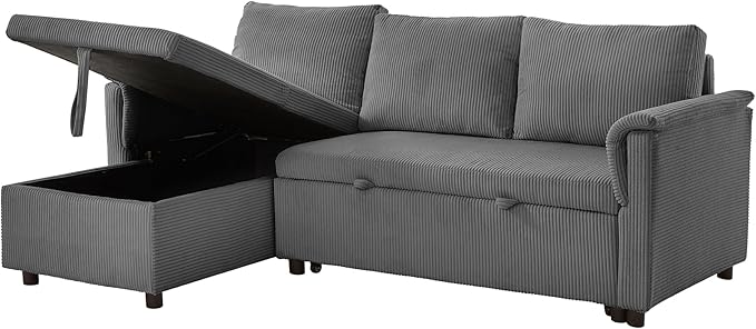 Ball & Cast Reversible Sectional Sofa Couch,L-Shape Sleeper Sofa Bed with Storage Chaise Pull Out Couch for Living Room | Hidden Storage | Pull Out Bed | Removable Backrest | Corduroy Fabric,Gray