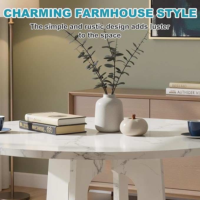 47" Round Dining Table for 4-6, Modern Small Dinner Table Farmhouse Round Kitchen Tables with Marble White Finish for Dining Room, Kitchen, Living Room, Marble White