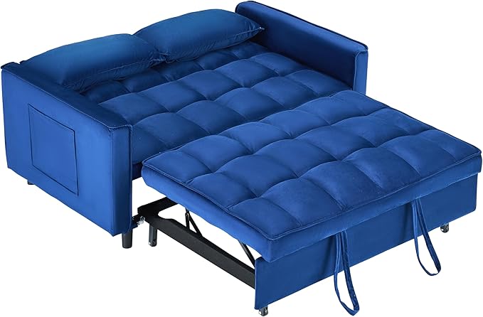 Ball & Cast 55" Convertible Sofa Bed,3 in 1 Sleeper Sofa W/Pull-Out Bed,Convertible Pull Out Couch W/2 Pillows,Adjustable Backrest & Side Pocket,Velvet Futon Couches for Living Room,Apartment,Blue