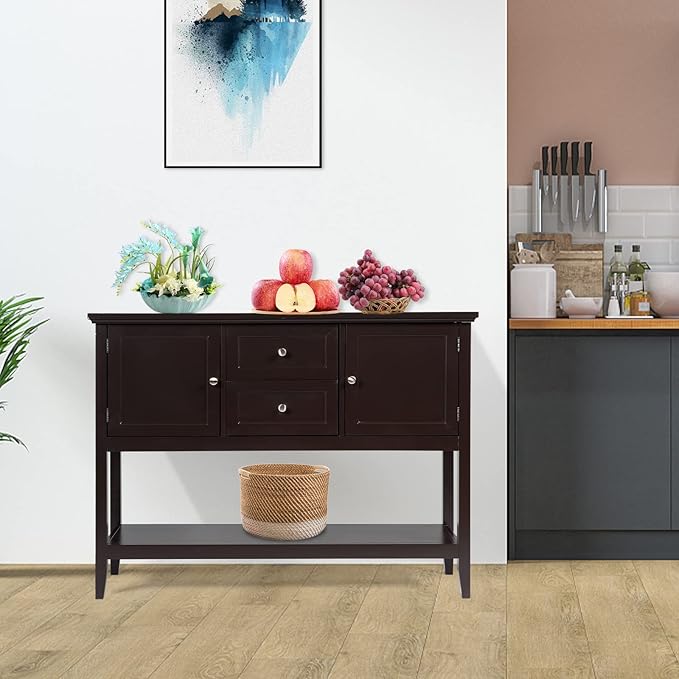 COSTWAY Buffet Sideboard, with 2 Wood Storage Drawers & Open Shelf, Console Table for Living Room Kitchen Dining Room Furniture (Coffee)