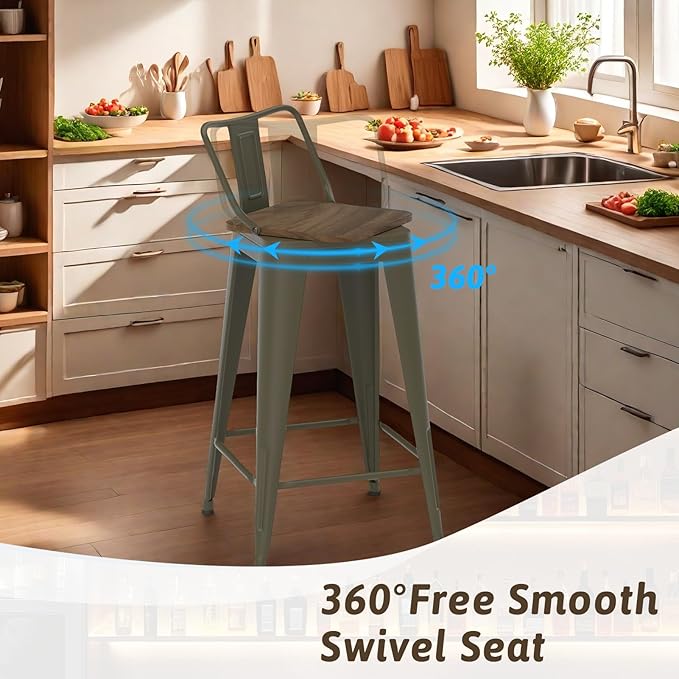 26 Inch Swivel Bar Stools Set of 4, Counter Height Bar Stools with Low Back, Metal Industrial Bar Chairs for Kitchen Island (Rusty)