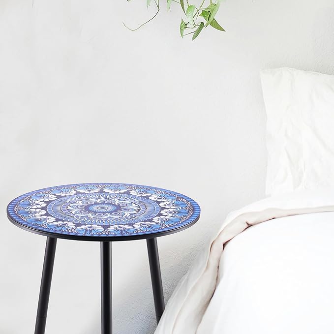 2 Packs Metal Mosaic Round Side Table 13.4" Small Outdoor Patio Round Accent Coffee Tables Indoor Corner Stand for Small Spaces Weather-Resistant for Balcony Plant Stand