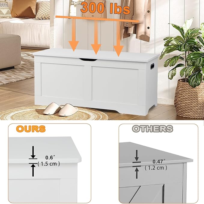 39.4" Storage Chest, Wooden Storage Bench, Lift Top Toy Chest with 2 Safety Hinges, Large Toy Box, Entryway Bench for Living Room, Bedroom, White