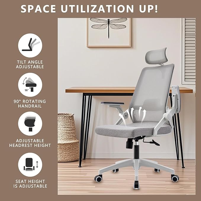 Ergonomic Swivel Task Chair High Back Home Desk Chair Computer Office Chair Mesh Rolling Work Chairs with Headrest and Lumbar Support Grey