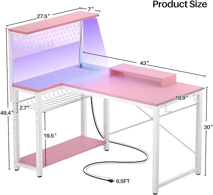 Homieasy Small Gaming Desk with Power Outlets Pegboard LED Light, 43 Inch L Shaped Computer Desk with Monitor Stand Storage Shelves, Reversible Corner Desk with Headset Hooks, Carbon Pink