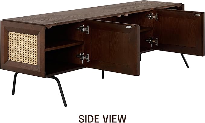NTC Mossic TV Media Cabinet with 4 Doors for TVs, Entertainment Center with Natural Rattan, Metal Legs, Modern Storage Console for Living Room and Bedroom, Effortless Assembly, Dark Walnut
