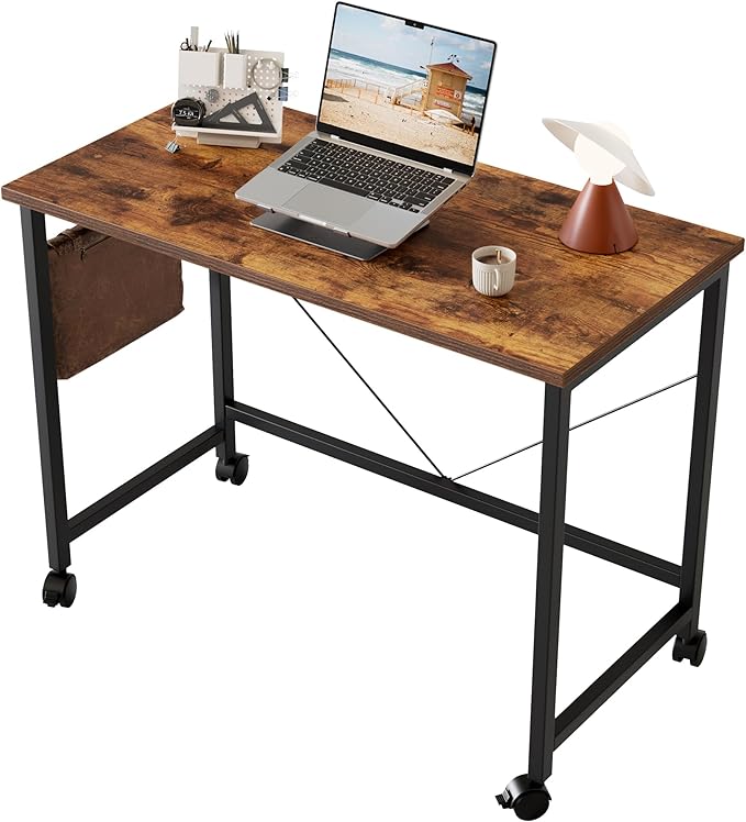 Rolling Computer Desk with Wheels, Gaming Desk for Small Spaces, Modern Simple Style Table for Home Office, Study Writing Table (Caster, Dark Brown, 32 inch)