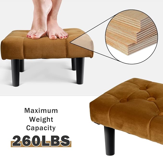 HOUCHICS Small Footstool Ottoman,Velvet Soft Footrest Ottoman with Wood Legs,Sofa Footrest Extra Seating for Living Room Entryway Office(Coffee 2PACK)
