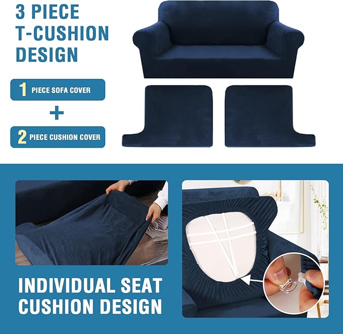 H.VERSAILTEX Sofa Cover 3 Piece T Cushion Loveseat Slipcovers Thick Velvet Couch Cover Furniture Protector Stretch T Cushion Sofa Covers for 2 Cushion Couch with 2 Individual T Cushion Covers, Navy