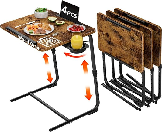 TV Trays Set of 4 - Folding TV Tray Adjustable Dinner Trays for Eating On Couch Wooden Tables Mate Stand Foldable Rustic Desk with Cup Holder Portable