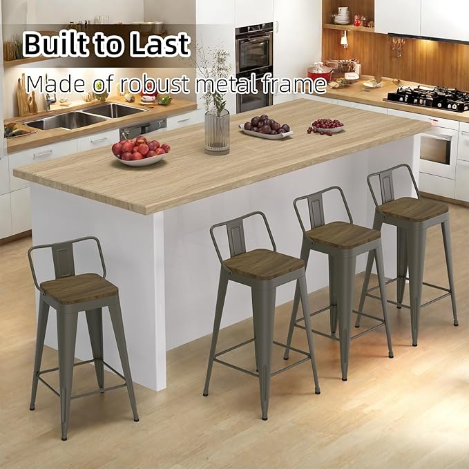 Rusty Bar Stools Set of 4, Metal Bar Stools with Wooden Seat, Modern 26”Counter Height Barstools with Low Back