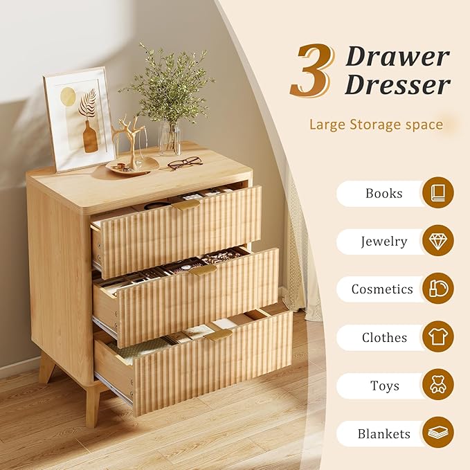 LYNCOHOME Fluted Nightstand with 3 Drawers, Modern Wood Chest of Bedside Table with Curved Profile, Fluted Dresser Organizer for Bedroom