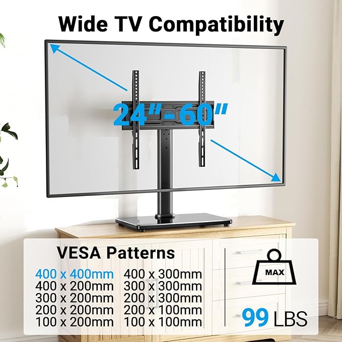 PERLESMITH Universal Swivel TV Stand for 24-60 inch TVs up to 99 lbs, 8 Height Adjustable Table Top TV Stand, TV Base Stand with Tempered Glass Base, Max VESA 400x400mm, PSTVS33