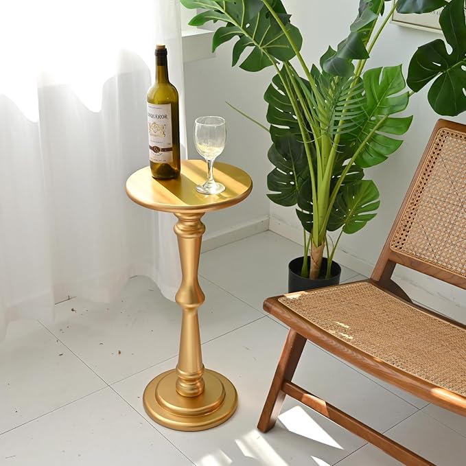 SwallowLiving Small Round Side Table, Tall End Tables Living Room, Narrow Night Stand for Small Spaces, Sofa Couch, Bedroom & Office, Modern Wooden Beside Table Home Decor (Gold, 12" x 25")