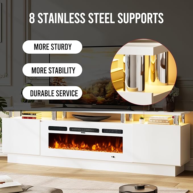 70" TV Stand for Living Room, Entertainment Center & Media Console with Storage, Fits TVs up to 80", Modern TV Cabinet with Shelves, 36" Electric Fireplace (All White)