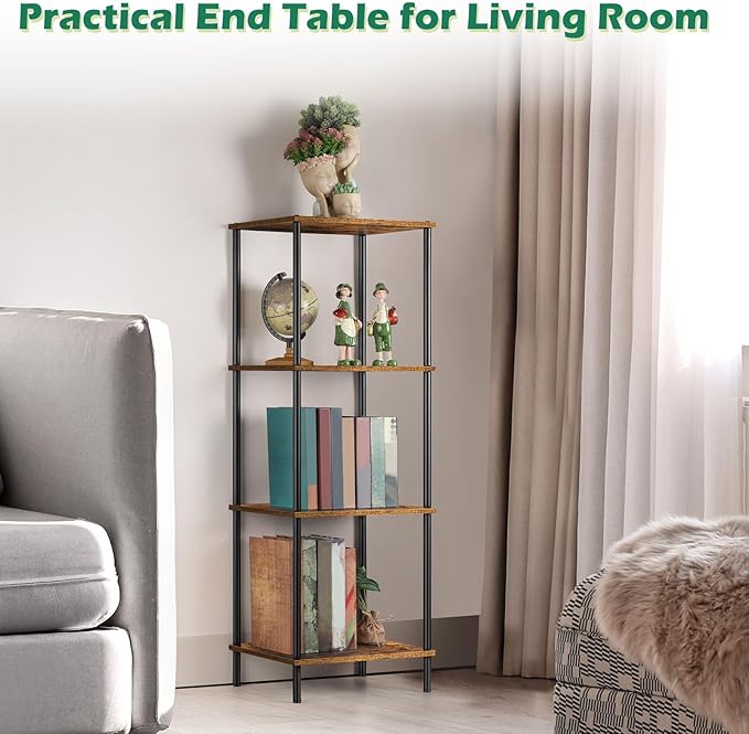 Tall End Table 4 Tier Wood Skinny Side Table Living Room with Storage Shelf Nightstand Bedside Table Plant Stand for Bedroom Office Dorm, Rustic Brown