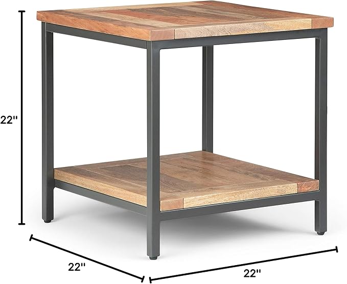 SIMPLIHOME Skyler SOLID MANGO WOOD and Metal 22 inch Wide Square Industrial End Table in Natural for the Living Room and Bedroom