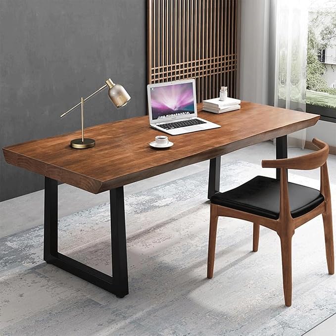 Modern Minimalist Solid Wood Office Desk with Metal Base Easy to Assemble Durable Writing Table Dining Table Computer Desk Multiple Ideal for Living Room and Dining Room (55inch)