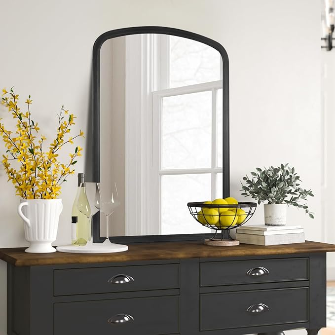 HOMECOOKIN Wood Arched Mirror for Bathroom, 24" x 36" Farmhouse Rustic Arched Wall Mirror Wood Framed Vanity Mirror for Home Decor Entryway Living Room (Black)