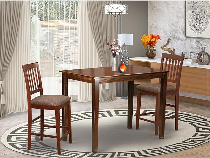 East West Furniture YAVN3-MAH-C 3 Piece Kitchen Counter Height Dining Table Set Contains a Rectangle Dining Room Table and 2 Linen Fabric Upholstered Chairs, 30x48 Inch, Mahogany