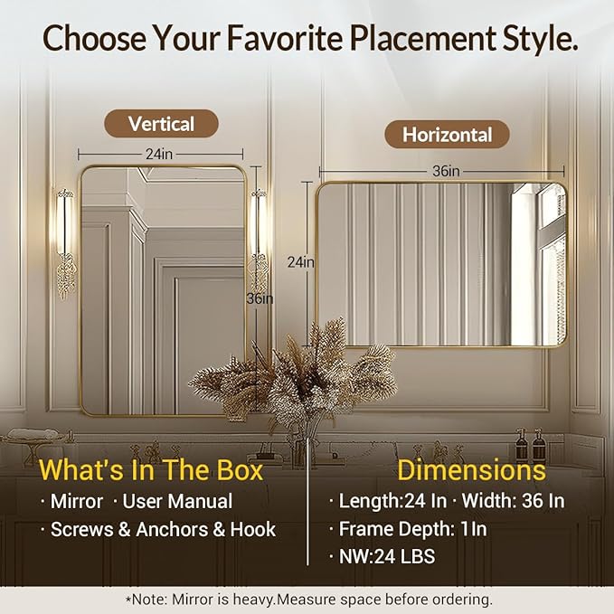 ANDY STAR 24x36 Rectangle Bathroom Mirror, Brushed Gold Stainless Steel Metal Frame Bathroom Mirror for Over Sink, Modern Rounded Corner Brass Vanity Wall Mirror, Hangs Horizontally or Vertically