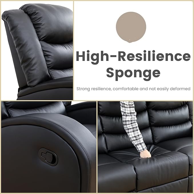 Leather Recliner Sofa Couch, 3-Seater Home Theater Seating Reclining Sofa, Power Reclining Couch with Cup Holders & Drop Down Table for Living Room Furniture Sets, Black