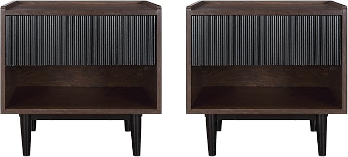 Manhattan Comfort Duane Modern Ribbed Nightstand Set of 2, Bedside Table with Full Extension Drawer and Open Shelf, Industrial Chic Living Room and Bedroom Furniture, Black