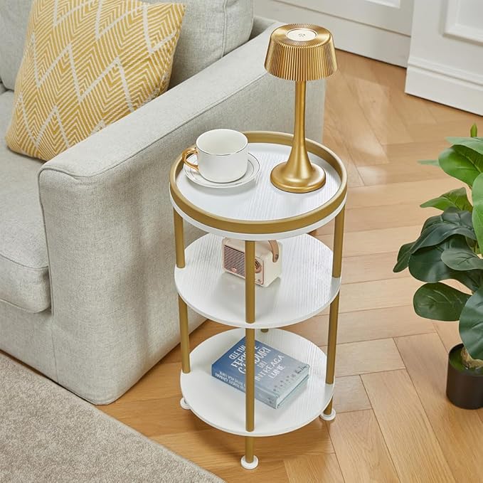 Small Round End Table with Charging Station, 3-Tier Accent Couch Beside Table with USB Ports & Power Outlets, Sofa Side Table for Living Room Small Nightstand Bedroom (Classic, White+Gold)