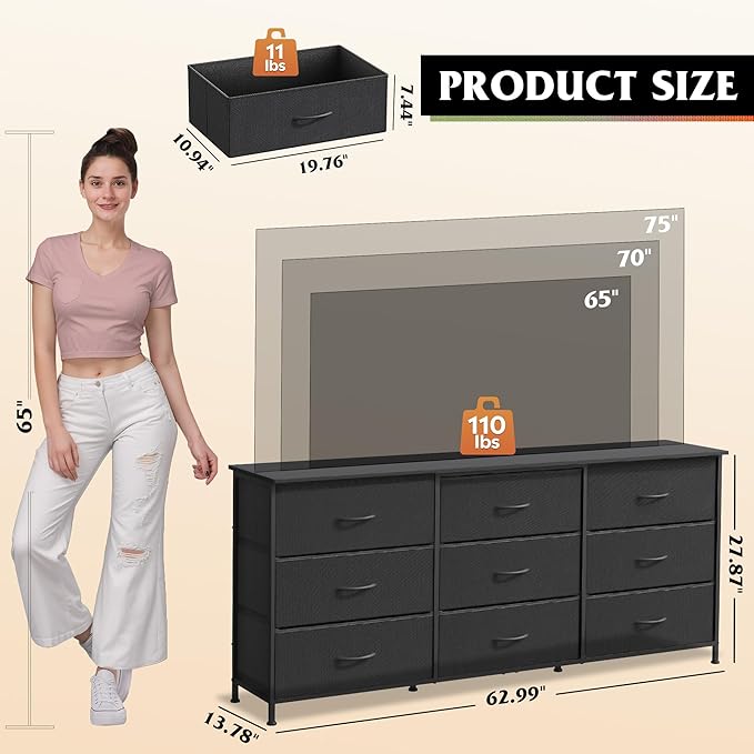 WLIVE 63''W Dresser for Bedroom, Black Dresser TV Stand for 65, 70, 75 inch TV, Wide Chest of Drawers with 9 Drawer, Large Entertainment Center, Fabric Dressers with Wood Top for Closet, Living Room