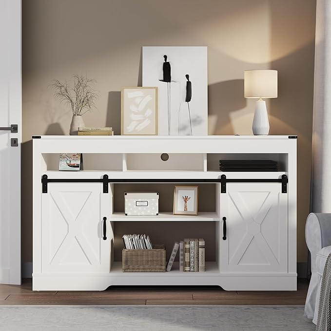 RoyalCraft Farmhouse TV Stand for 23" Fireplace, 34'' Tall Entertainment Center for 65+ Inch TV, 34" Tall Rustic TV Console with Sliding Bar Door for Living Room, White