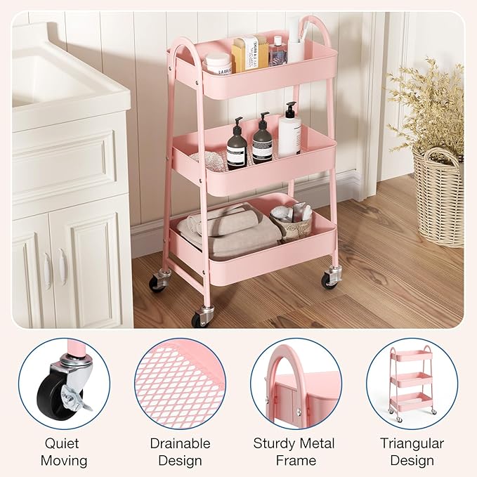 OLIXIS 3 Tier Utility Rolling Cart, Metal Mobile Storage Shelf with Lockable Caster Wheels, Organization for Livingroom, Bathroom, Kitchen, & Narrow Places, Pink