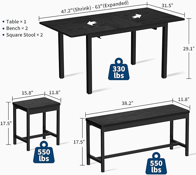 GarveeHome 5-Piece Dining Table Set for 4-8 People, 63" Large Extendable Kitchen Table Set with 2 Benches and 2 Square Stools, Modern Dining Room Furniture Sets, Easy Assembly, Black