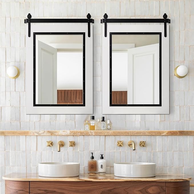 YOSHOOT Farmhouse Barn Door Mirror, 40"x30" Rustic Bathroom Mirror, Wood Frame Wall Mirror, Wooden Mirror for Living Room Bedroom Entryway Wall Décor, White Vertical Hanging ONLY
