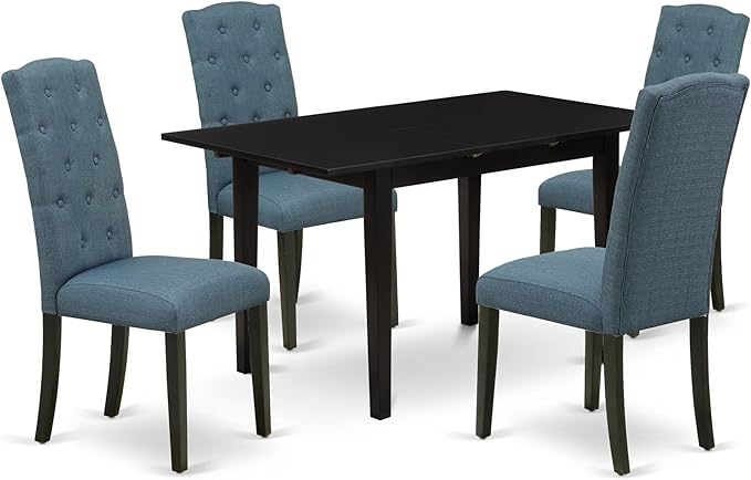 East West Furniture NOCE5-BLK-21 5 Piece Kitchen Table Set for 4 Includes a Rectangle Dining Table with Butterfly Leaf and 4 Mineral Blue Linen Fabric Parsons Chairs, 32x54 Inch, Black